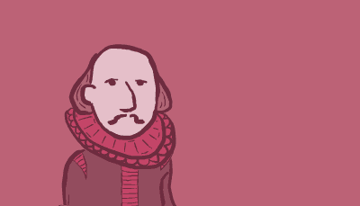 A Shakespearian cartoon character in old-fashioned clothes and a mustache lifts a machine with a questionable look on his face